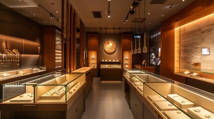 contemporary jewelry shop interior with sophisticated lighting, elegant display cases, and a secure, inviting atmosphere