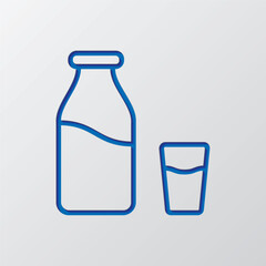 Milk bottle with glass simple icon vector. Flat design. Paper cut design. Cutted blue symbol with shadow. Gray background