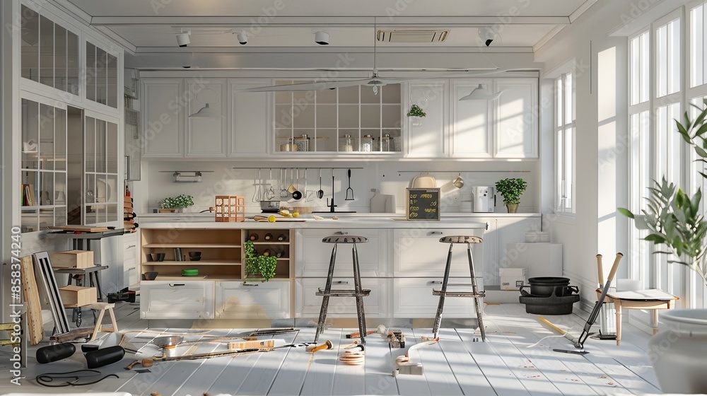 Poster a contemporary kitchen is being renovated with new cabinets and countertops. tools and materials are