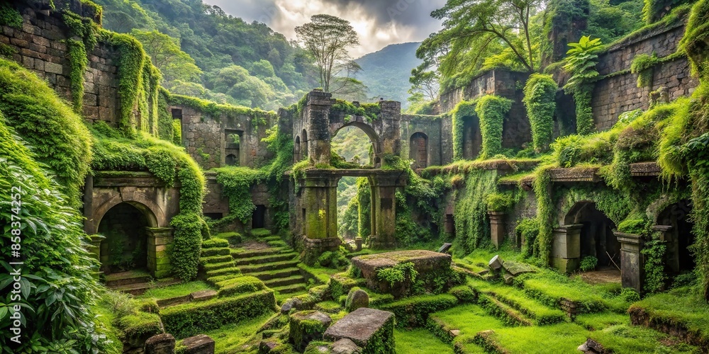 Wall mural majestic ancient ruins covered in moss and surrounded by overgrown vegetation, history, ancient, dec - Wall murals