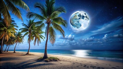 Full moon illuminating beach with palm trees at night, beach, night, moon, full moon, ocean, palm trees, sand, waves