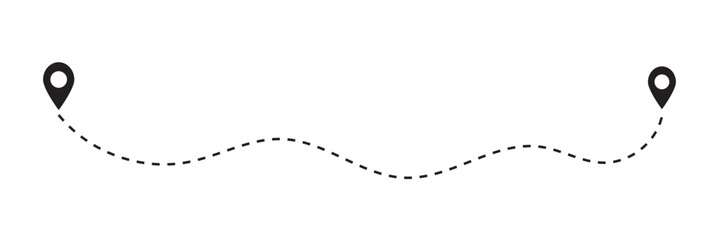 Dot line path route travel banner illustration with location map pin icon for destination.