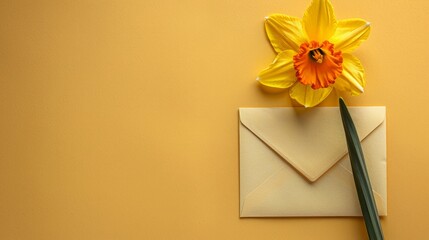 Daffodil on envelope with yellow background and copy space