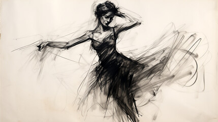 Fototapeta premium wide entertainment banner, black and white illustration charcoal pencil sketch drawing of women dancing and performing on stage with beautiful long dress, active live event scene in white background