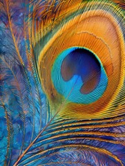 Obraz premium Colorful Detailed Peacock Feather Pattern in Vibrant Colors on Black Background