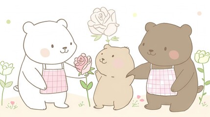   A pair of bears standing beside a pink rose and a pink and white rose