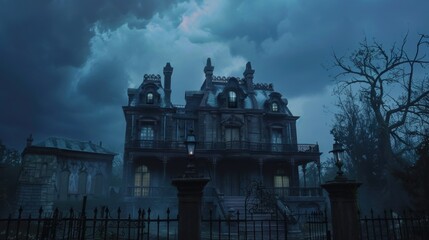 Naklejka premium An imposing haunted mansion under a stormy sky at night