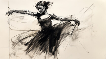 Fototapeta premium wide entertainment banner, black and white illustration charcoal pencil sketch drawing of women dancing and performing on stage with beautiful long dress, active live event scene in white background