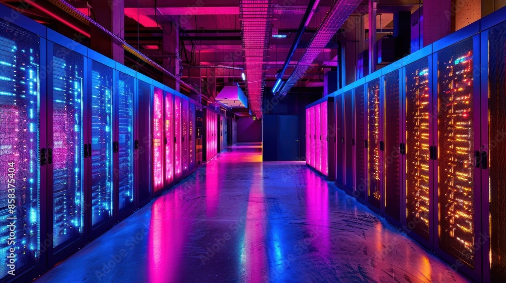 Poster modern data center corridor with rows of servers illuminated by pink and blue lights
