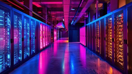Fototapeta premium Modern data center corridor with rows of servers illuminated by pink and blue lights