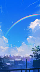 Vibrant Rainbow Arcing Across the Blue Sky, Symbol of Hope, Beauty, and Serenity - 青空に弧を描く鮮やかな虹、希望、美、静けさの象徴