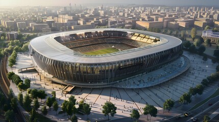 Modern football stadium with views from the outside. Football stadium arena for professional match with modern building