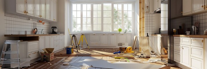 A modern kitchen undergoing renovation with new cabinets and countertops being installed. Tools and materials are scattered around the room as the transformation progresses. Generative AI