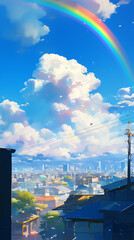 Vibrant Rainbow Arching Across the Clear Blue Sky - 澄んだ青空にアーチを描く鮮やかな虹