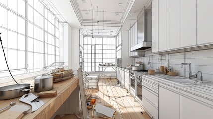 A modern kitchen under renovation with new cabinets being installed, countertops in progress, and tools scattered around. Generative AI