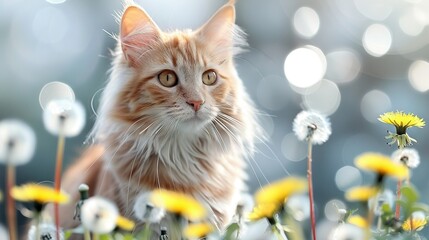   A blurry dandelion field in the background, with a cat seated in the center