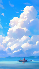 Tranquil Seascape with Blue Sky and Fluffy Clouds - Serene Coastal Scene for Relaxation and Travel Concepts - 
青い空とふわふわの雲のある静かな海景 - リラクゼーションと旅行のコンセプトのための穏やかな海岸風景
