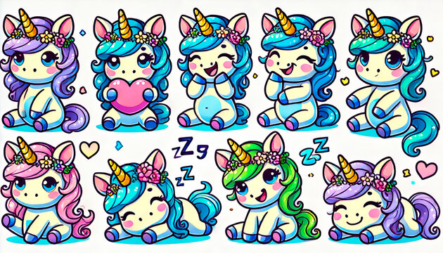 Cute cartoon unicorn stickers with various expressions and poses, perfect for children&rsquo;s products, educational materials, merchandise, stationery, and playful designs
