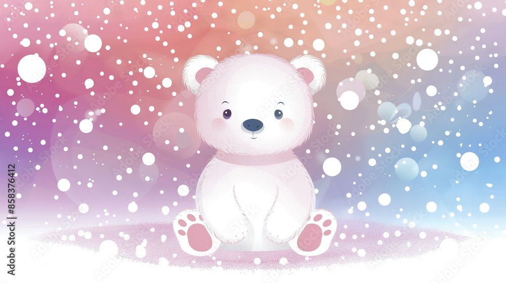 Canvas Prints   White  bear in snow with snowflakes on its back and blue sky background