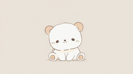 Fototapeta premium A small white bear sits on a white floor near a light brown wall and beige background