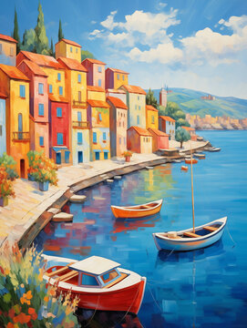 Colorful seaside village with boats in harbor, vibrant illustration in oil paint style