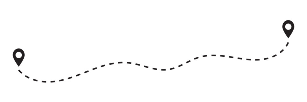 Route location icon, three map pin sign and road or path, start and end journey symbol, black color vector illustration isolated on white background