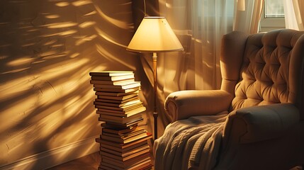 cozy reading nook with a vintage floor lamp casting a warm, inviting light over a plush armchair and stack of books