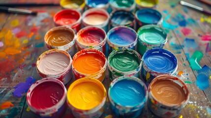 Vibrant Assortment of Colorful Paints in Open Containers on Artistic Workbench with Brushes and Splashes of Paint