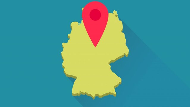 Looped animation of a red location marker bouncing on the 3D yellow map of Germany on blue background with long shadow design (flat design)