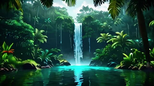 Tropical Rainforest background video, with river, tree amazing view landscape nature fantasy looping scenery 4k animation