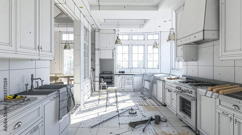 Poster a modern kitchen undergoing renovation, featuring new cabinets and countertops being installed. tool