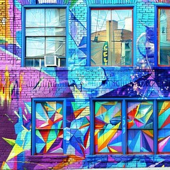 Obraz premium A building adorned with multiple hues and a mural depicting a woman carrying an umbrella stands before a backdrop of blue bricks