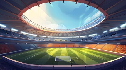 Obraz premium A soccer field with a bright green grass. Football stadium arena for professional match with spotlight