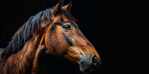 Obraz premium Portrait of a brown horse on a black background