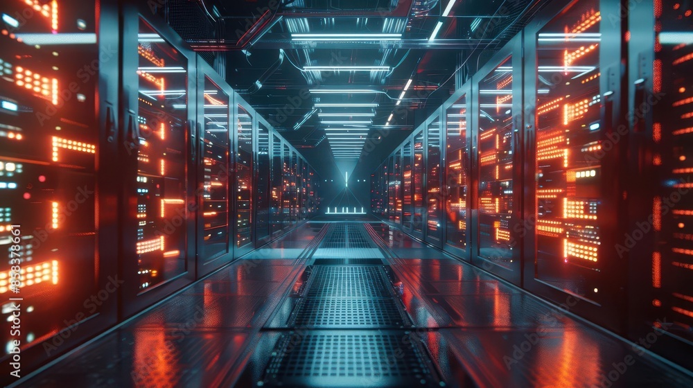 Aufkleber futuristic server room with glowing network visualization enhanced connectivity concept 3d render