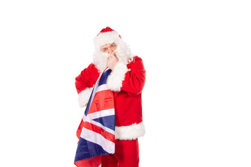 Funny fat Santa Claus with a flag. Man and patriotism. White background.