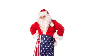 Funny fat Santa Claus with a flag. Man and patriotism. White background.