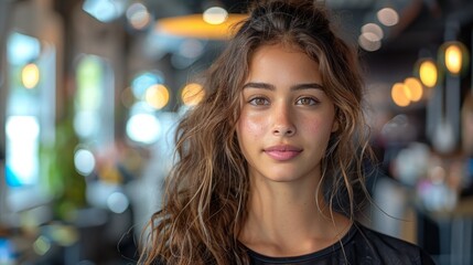 A young woman with long, brown, wavy hair poses in a cafe setting.