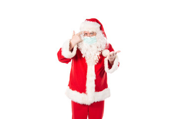 Funny fat Santa Claus and a cold. Man and healthy lifestyle. White background.