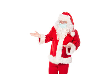 Funny fat Santa Claus and a cold. Man and healthy lifestyle. White background.