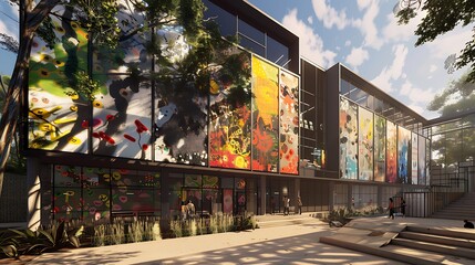 Fototapeta premium detailed view of an art school with a fa? section ade composed of interactive panels that can be painted and repainted by students