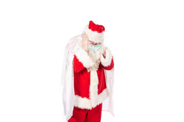 Funny fat Santa Claus and a cold. Man and healthy lifestyle. White background.