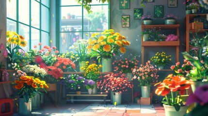 Sunlit florist shop overflowing with colorful blooms