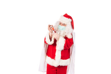 Funny fat Santa Claus and a cold. Man and healthy lifestyle. White background.