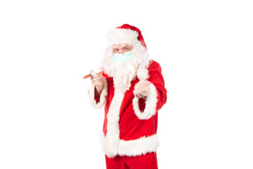 Funny fat Santa Claus and a cold. Man and healthy lifestyle. White background.