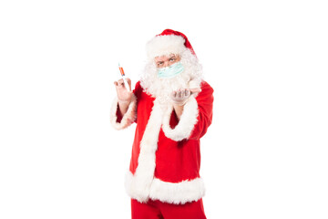 Funny fat Santa Claus and a cold. Man and healthy lifestyle. White background.