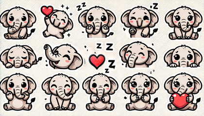 Obraz premium Cute cartoon elephant stickers with various expressions and poses, perfect for children’s products, educational materials, merchandise, stationery, and playful designs.