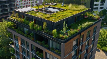Aerial view of a sustainable building with a green roof installation