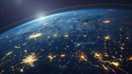 glowing earth at night seen from space global network connecting continents in digital age technology and community concept 3d illustration