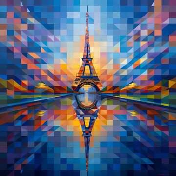 Abstract geometric painting of the Eiffel Tower with a reflection in water.
